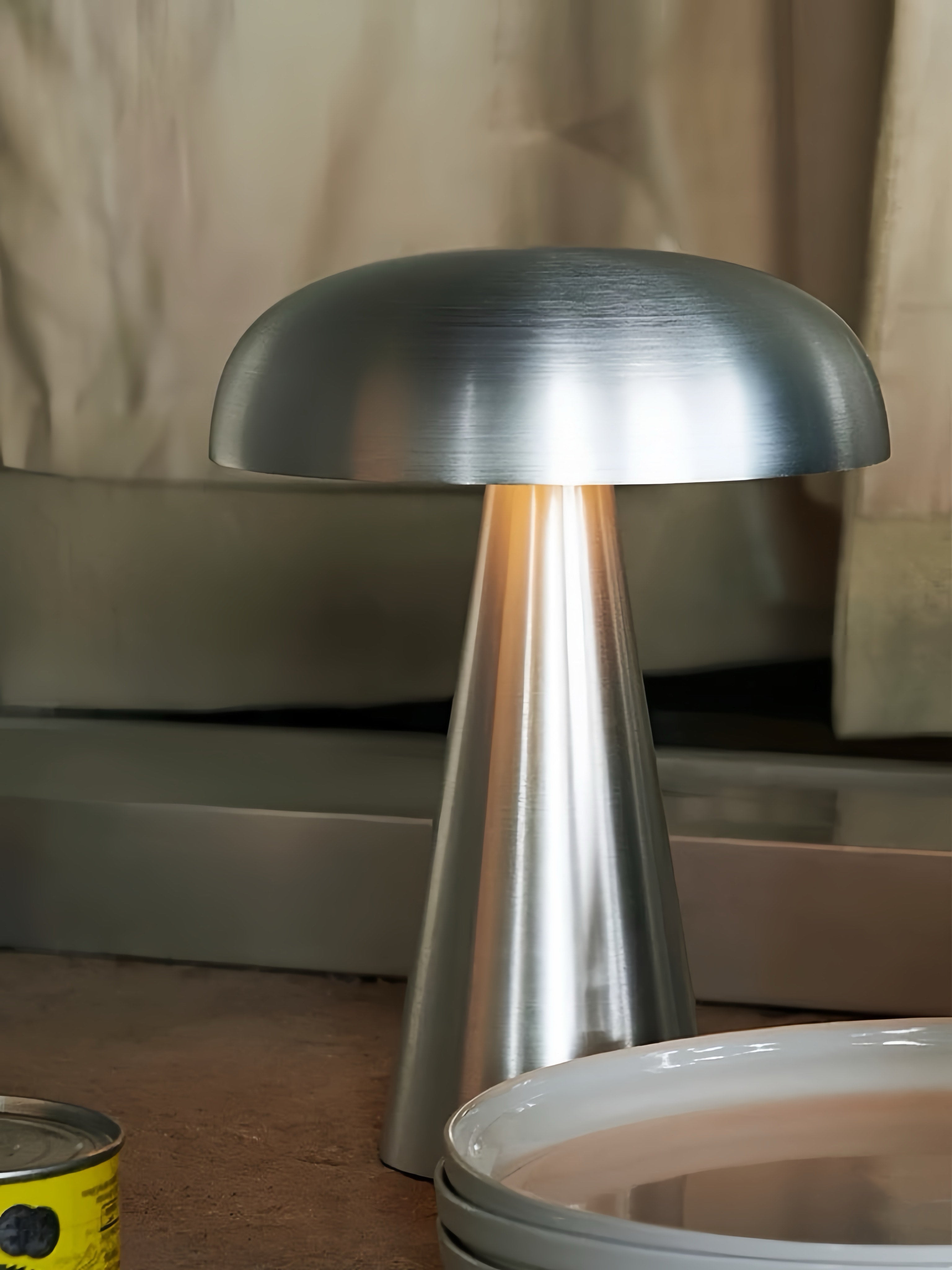 Brushed Metal Mushroom Lamp | Minimalist Rechargeable Touch Light