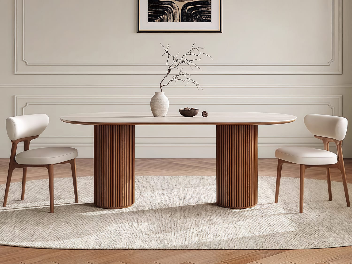Oval Sintered Stone Dining Table with Double Pedestal Base