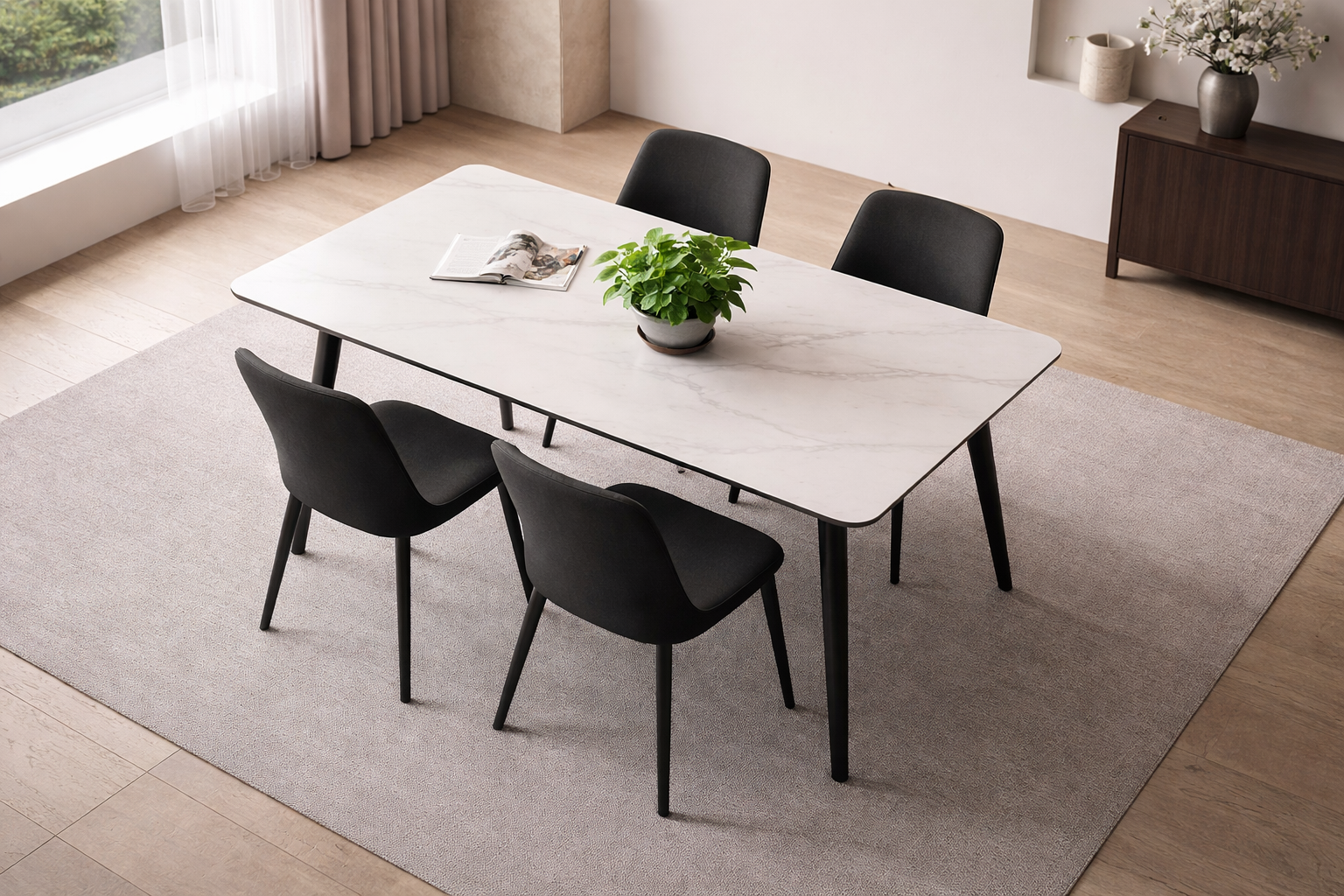 White Sintered Stone Dining Table – Black Steel Legs