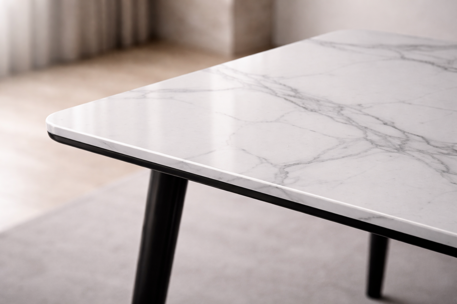 White Sintered Stone Dining Table – Black Steel Legs