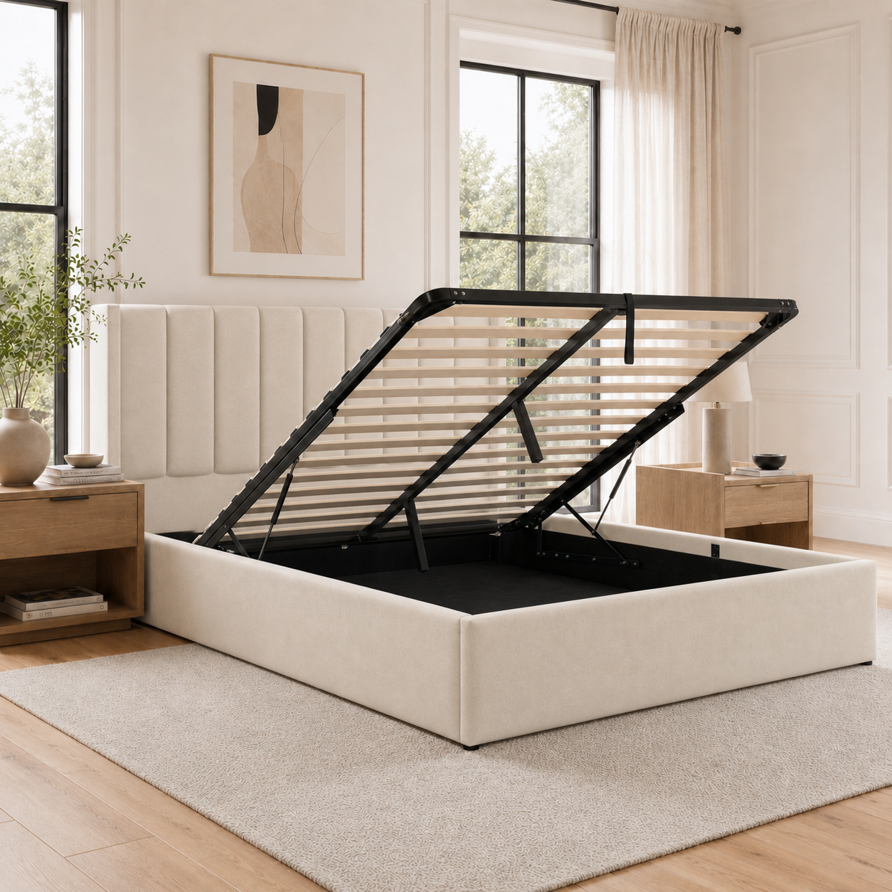 Moora Upholstered Gas Lift Storage Bed Frame | Beige & Charcoal