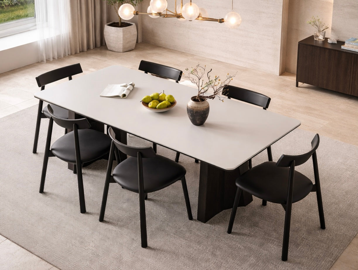 Matte White Sintered Stone Dining Table – Black Solid Wood Frame