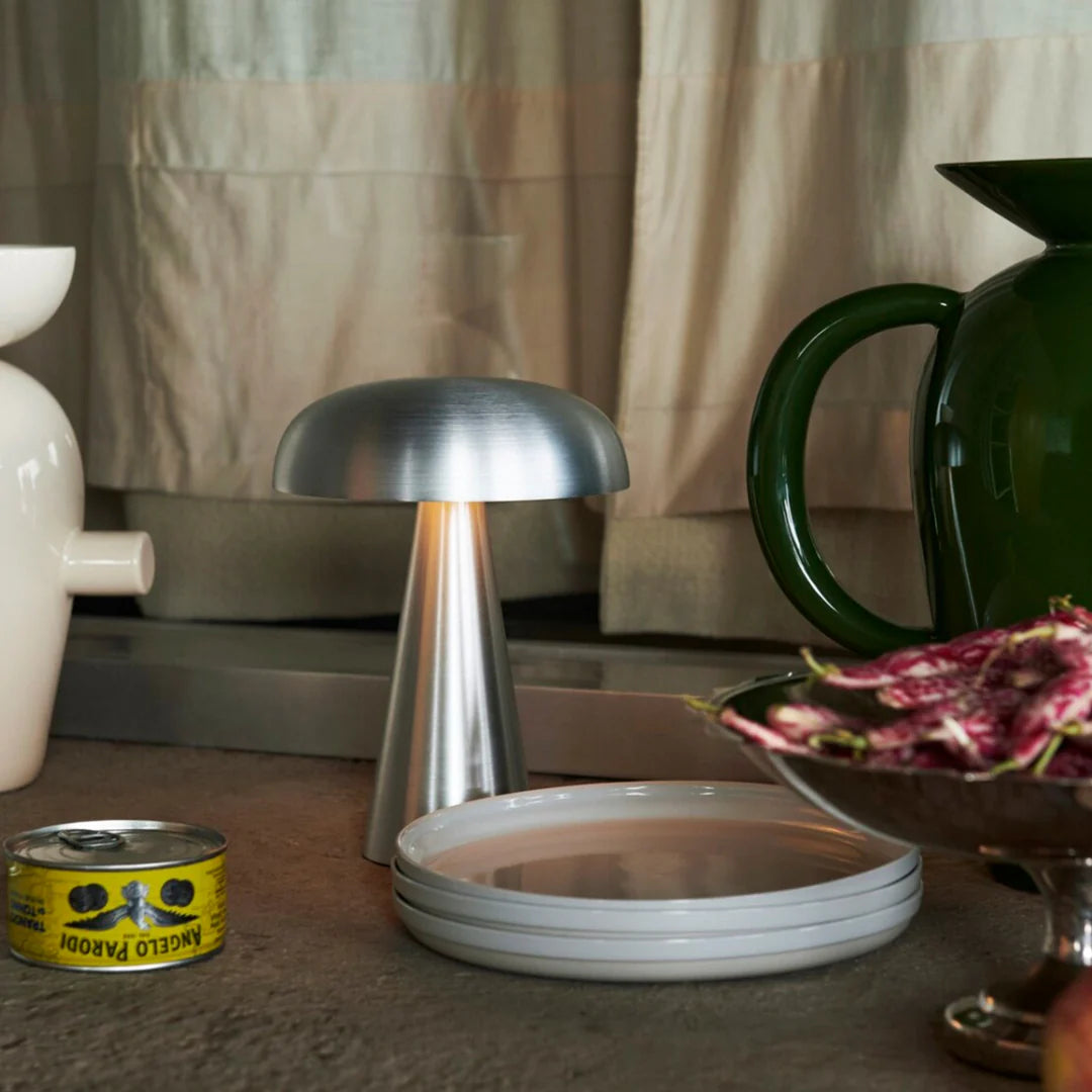 Brushed Metal Mushroom Lamp | Minimalist Rechargeable Touch Light