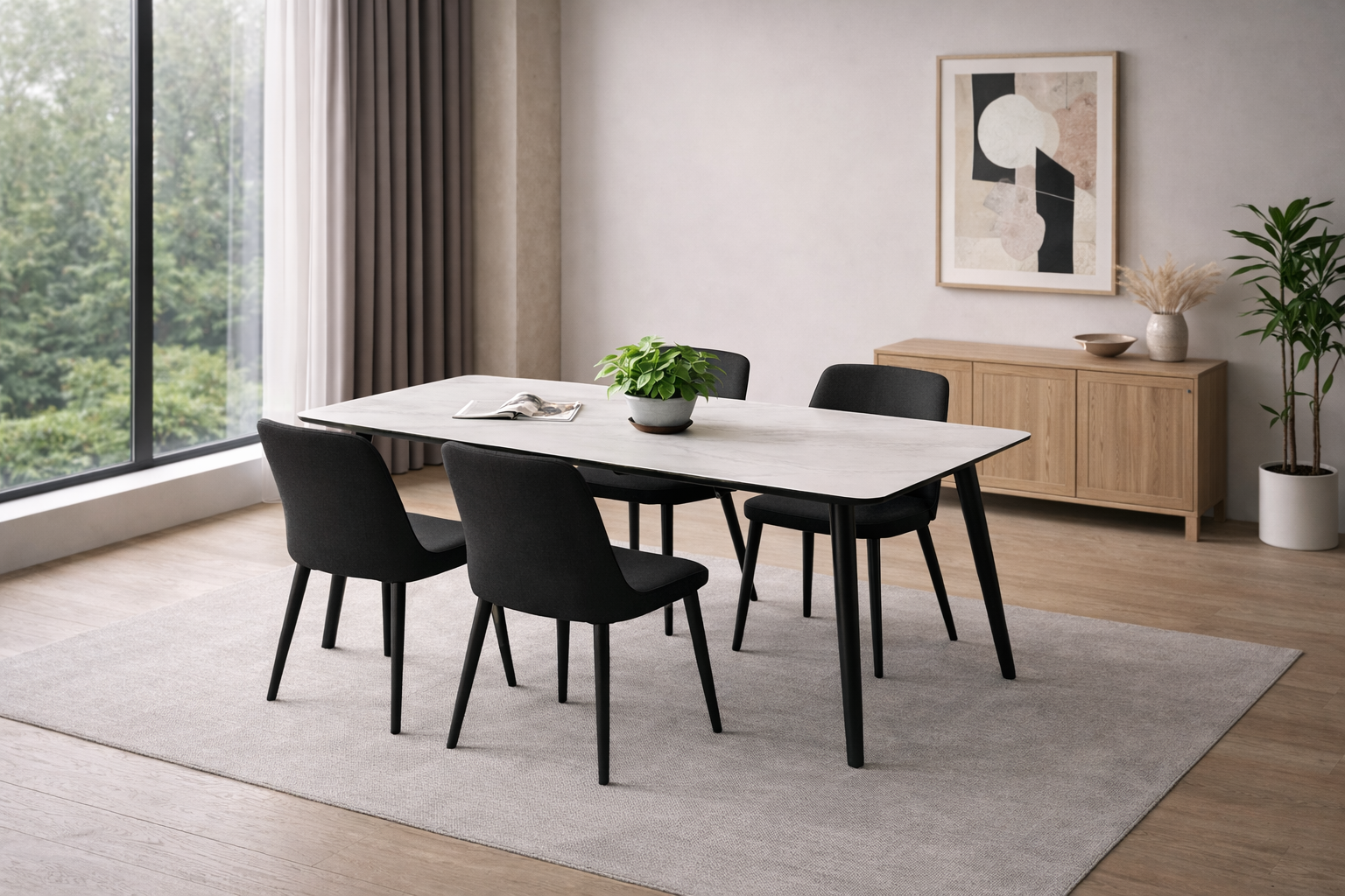 White Sintered Stone Dining Table – Black Steel Legs