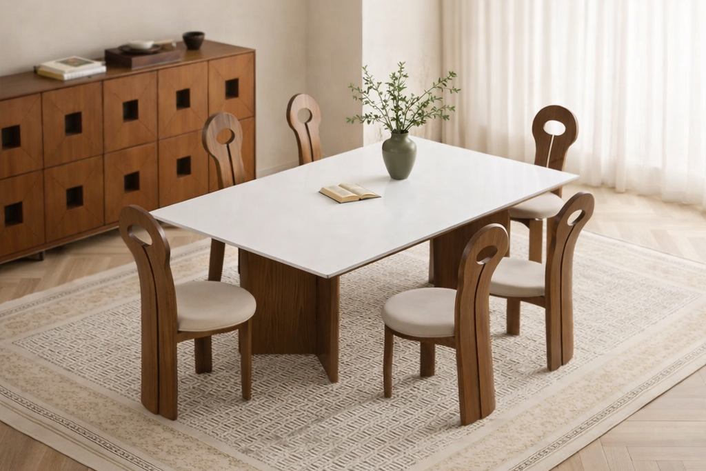 Matte White Sintered Stone Dining Table with Solid Walnut Wood Base