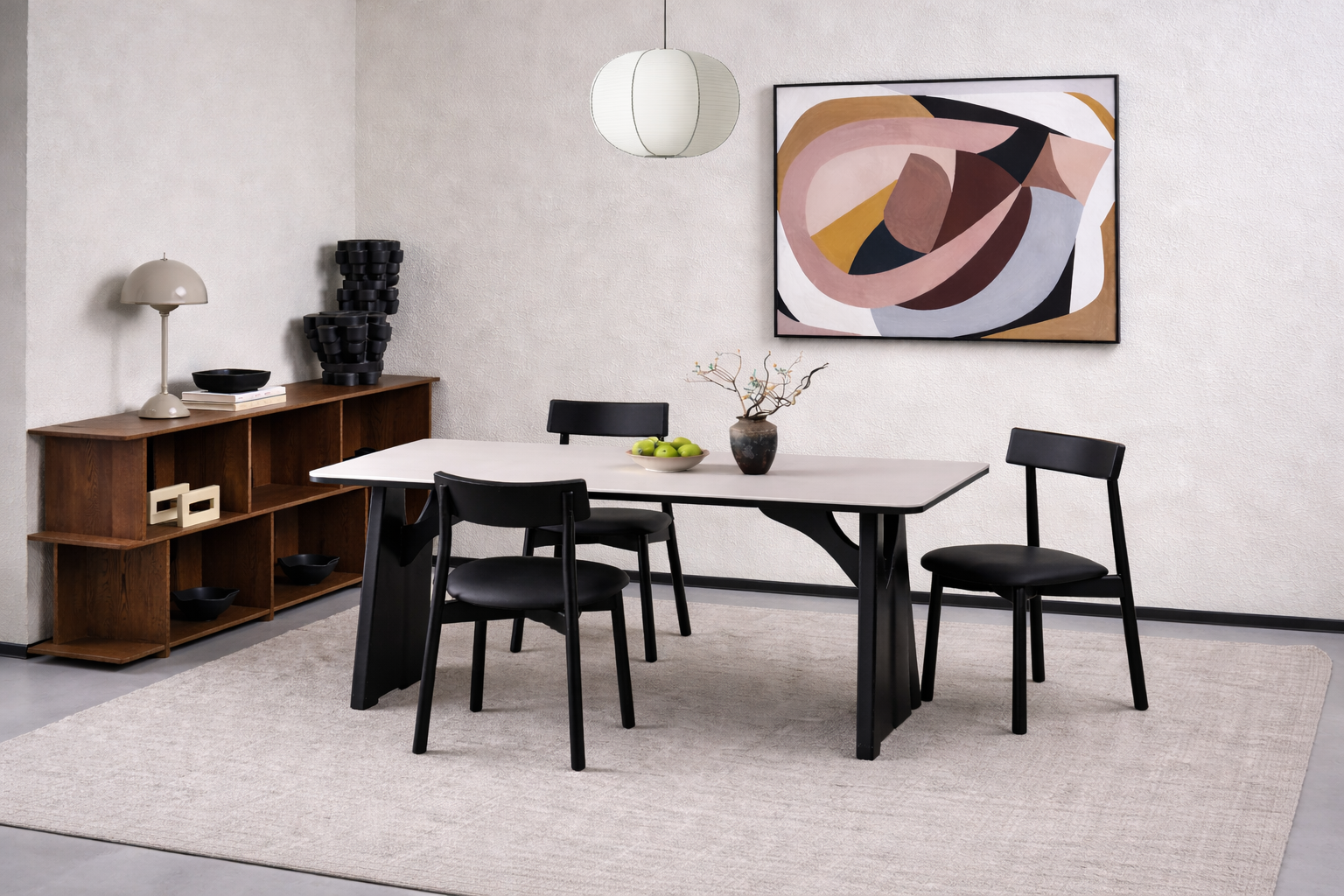 Matte White Sintered Stone Dining Table | Black Solid Wood Frame