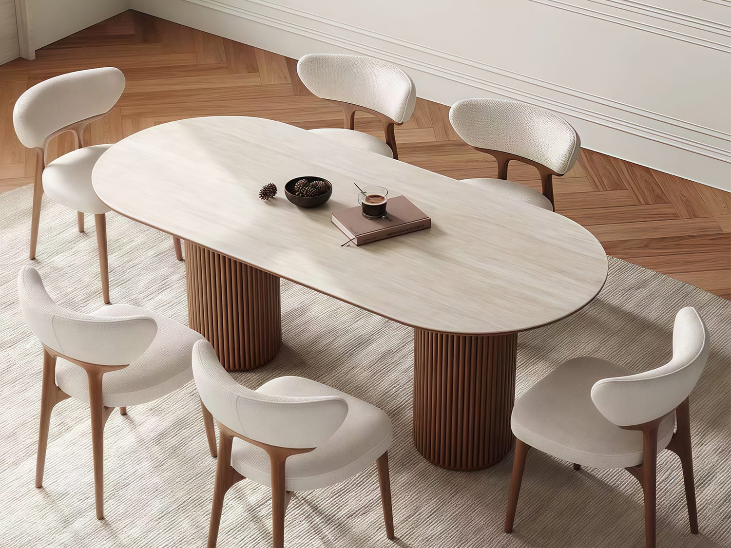 Oval Sintered Stone Dining Table with Double Pedestal Base