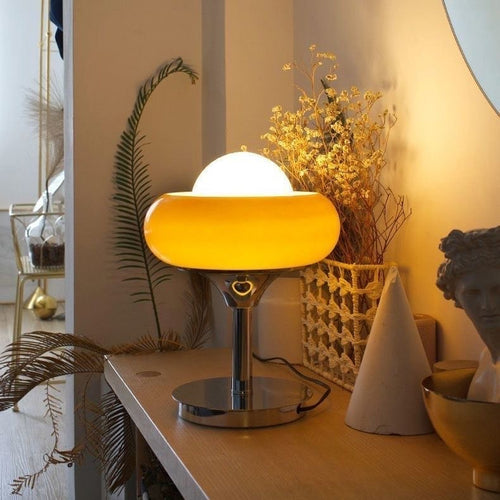 Amber Glass Table Lamp | Chrome Egg Tart Design | Retro Desk Light