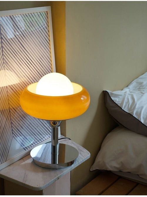 Amber Glass Table Lamp | Chrome Egg Tart Design | Retro Desk Light