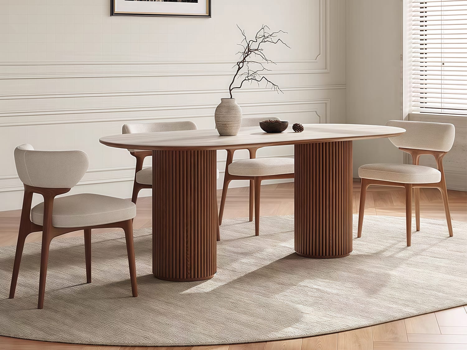 Oval Sintered Stone Dining Table with Double Pedestal Base