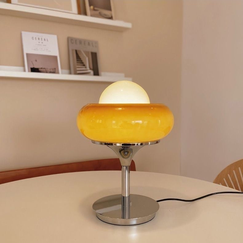 Amber Glass Table Lamp | Chrome Egg Tart Design | Retro Desk Light