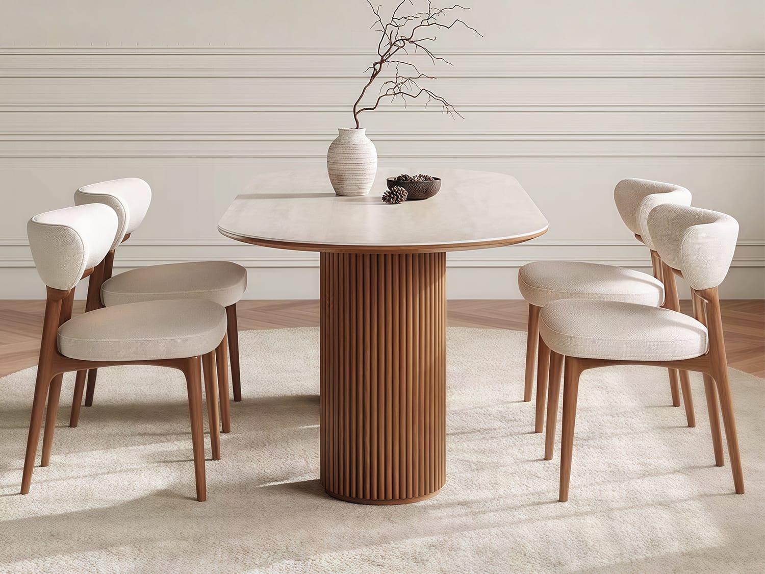 Oval Sintered Stone Dining Table with Double Pedestal Base