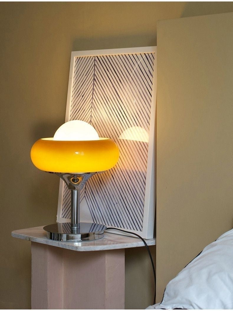 Amber Glass Table Lamp | Chrome Egg Tart Design | Retro Desk Light