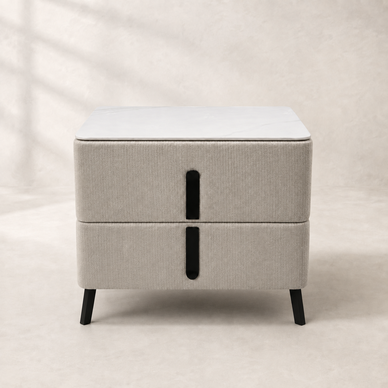 MOORA AVELINE LIGHT MOCHA UPHOLSTERED BEDSIDE TABLE WITH SINTERED STONE TOP