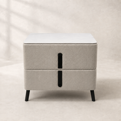 MOORA AVELINE LIGHT MOCHA UPHOLSTERED BEDSIDE TABLE WITH SINTERED STONE TOP