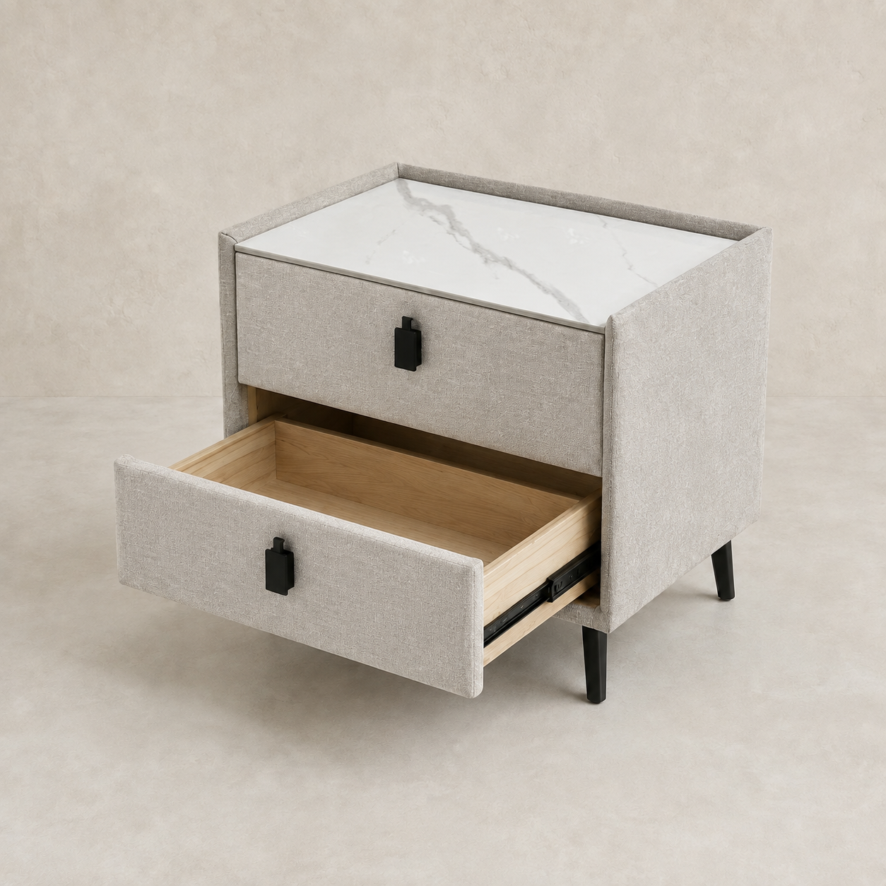MOORA MONACO BEIGE UPHOLSTERED BEDSIDE TABLE WITH SINTERED STONE TOP