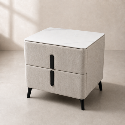 MOORA AVELINE LIGHT MOCHA UPHOLSTERED BEDSIDE TABLE WITH SINTERED STONE TOP