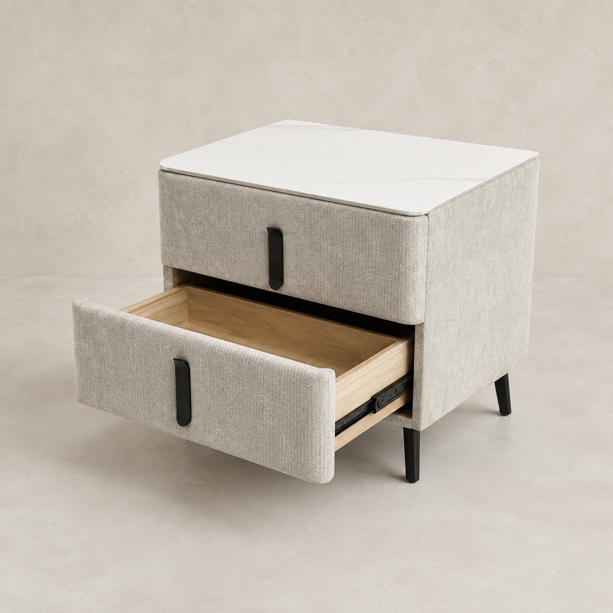 MOORA AVELINE LIGHT MOCHA UPHOLSTERED BEDSIDE TABLE WITH SINTERED STONE TOP