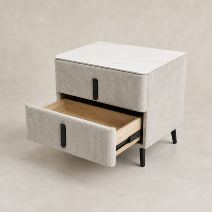 MOORA AVELINE LIGHT MOCHA UPHOLSTERED BEDSIDE TABLE WITH SINTERED STONE TOP