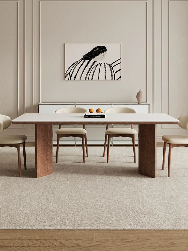 Matte White Sintered Stone Dining Table with Solid Walnut Wood Base