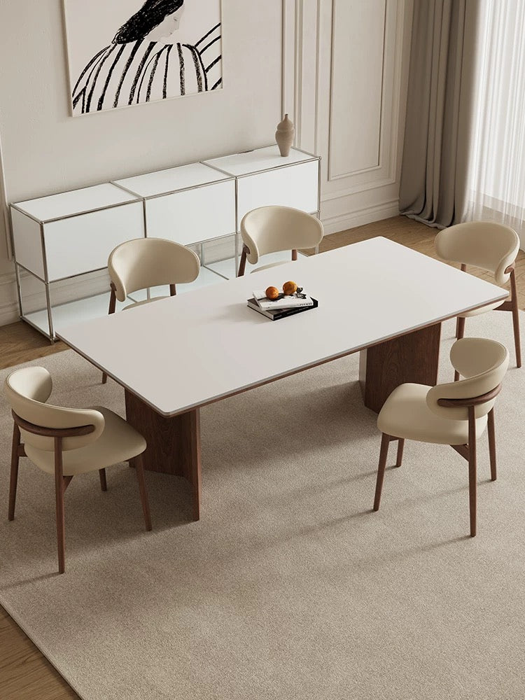 Matte White Sintered Stone Dining Table with Solid Walnut Wood Base