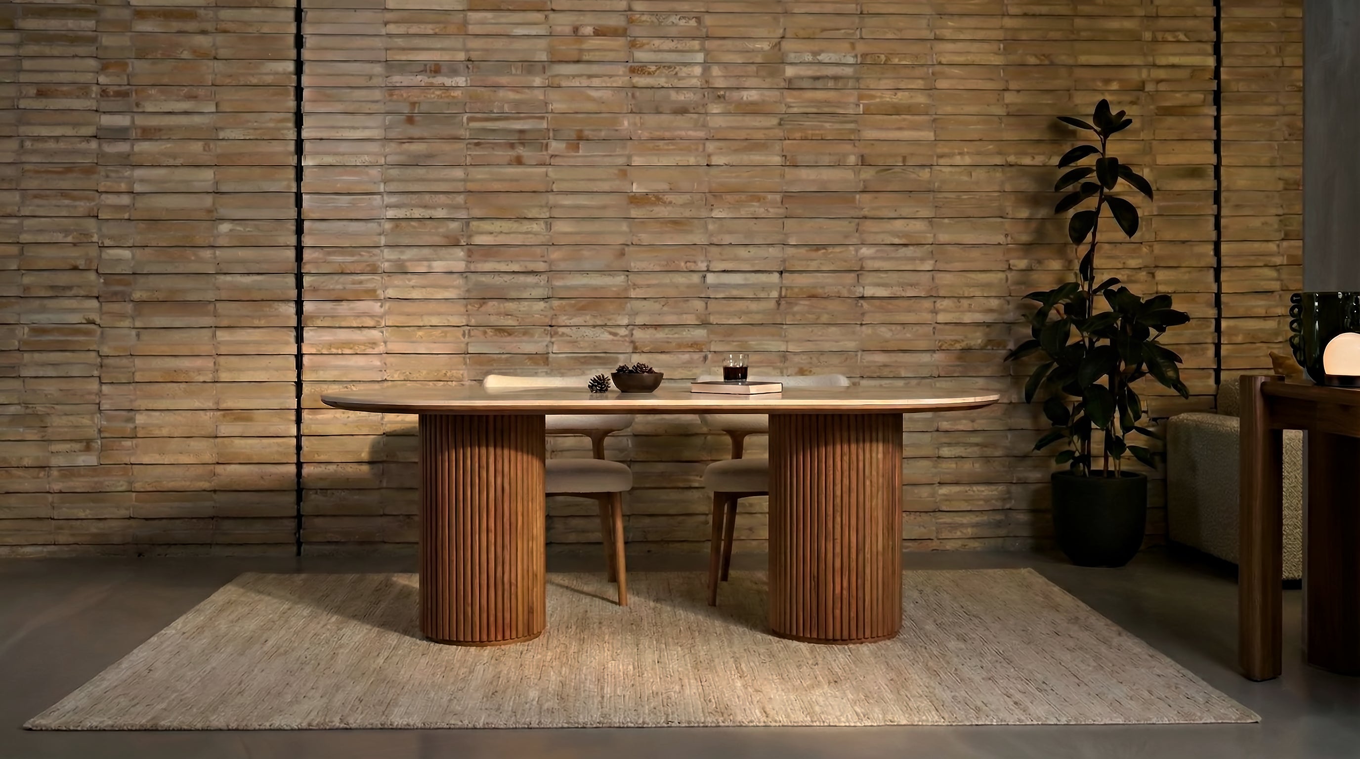 Oval Sintered Stone Dining Table with Double Pedestal Base