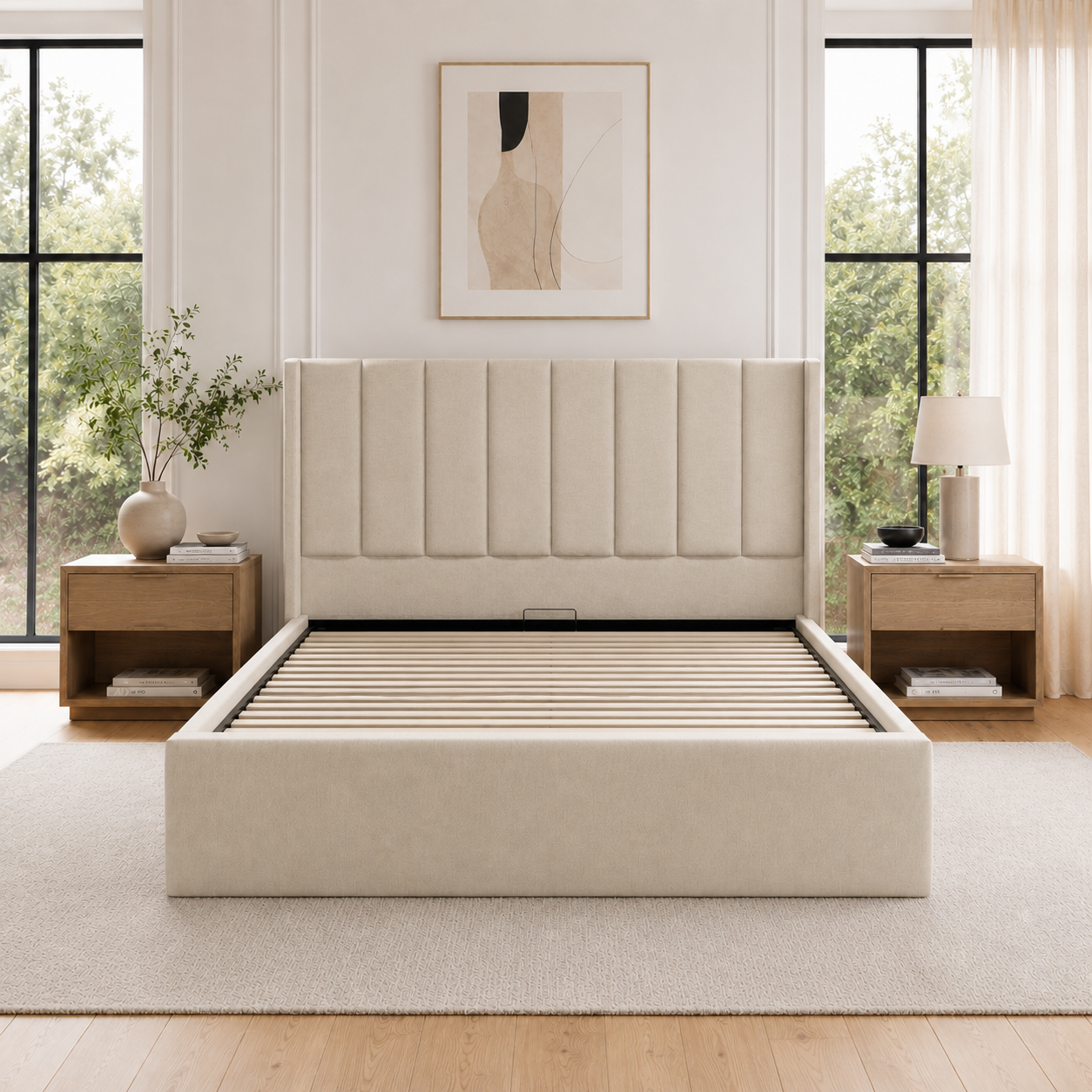Moora Upholstered Gas Lift Storage Bed Frame | Beige & Charcoal