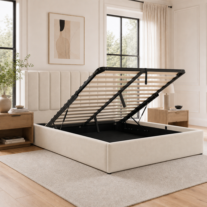 Moora Upholstered Gas Lift Storage Bed Frame | Beige & Charcoal