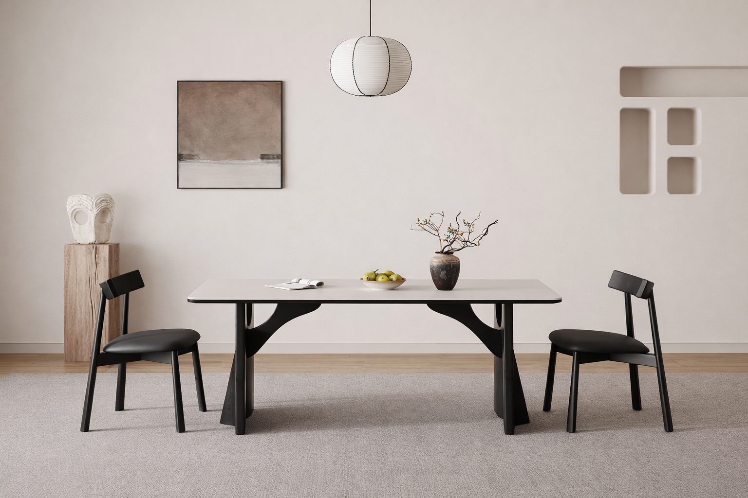 Matte White Sintered Stone Dining Table – Black Solid Wood Frame
