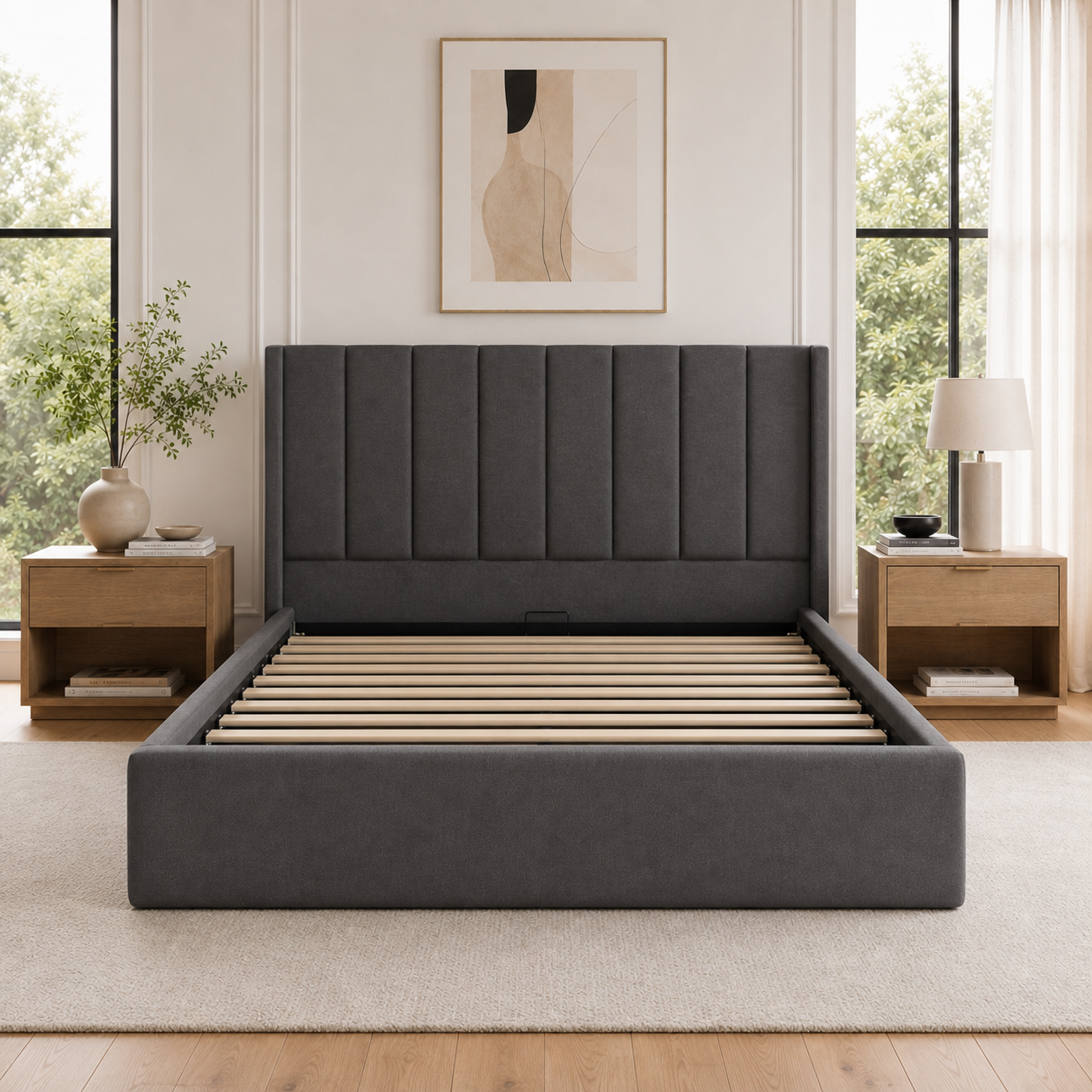 Moora Upholstered Gas Lift Storage Bed Frame | Beige & Charcoal