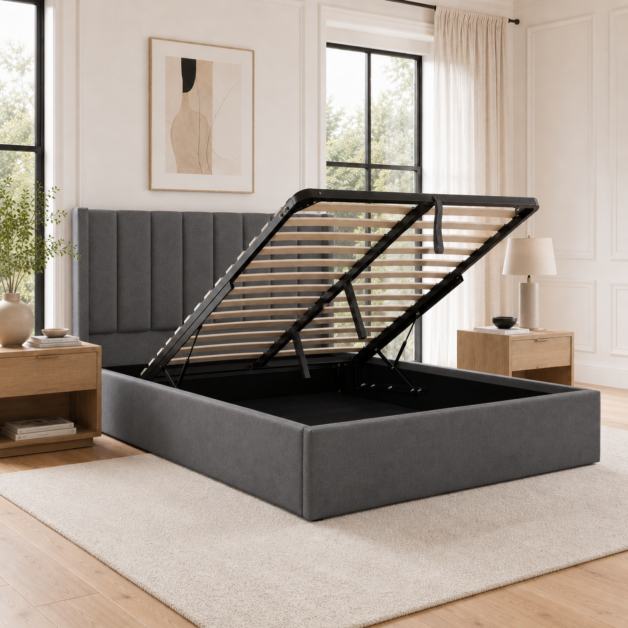 Moora Upholstered Gas Lift Storage Bed Frame | Beige & Charcoal