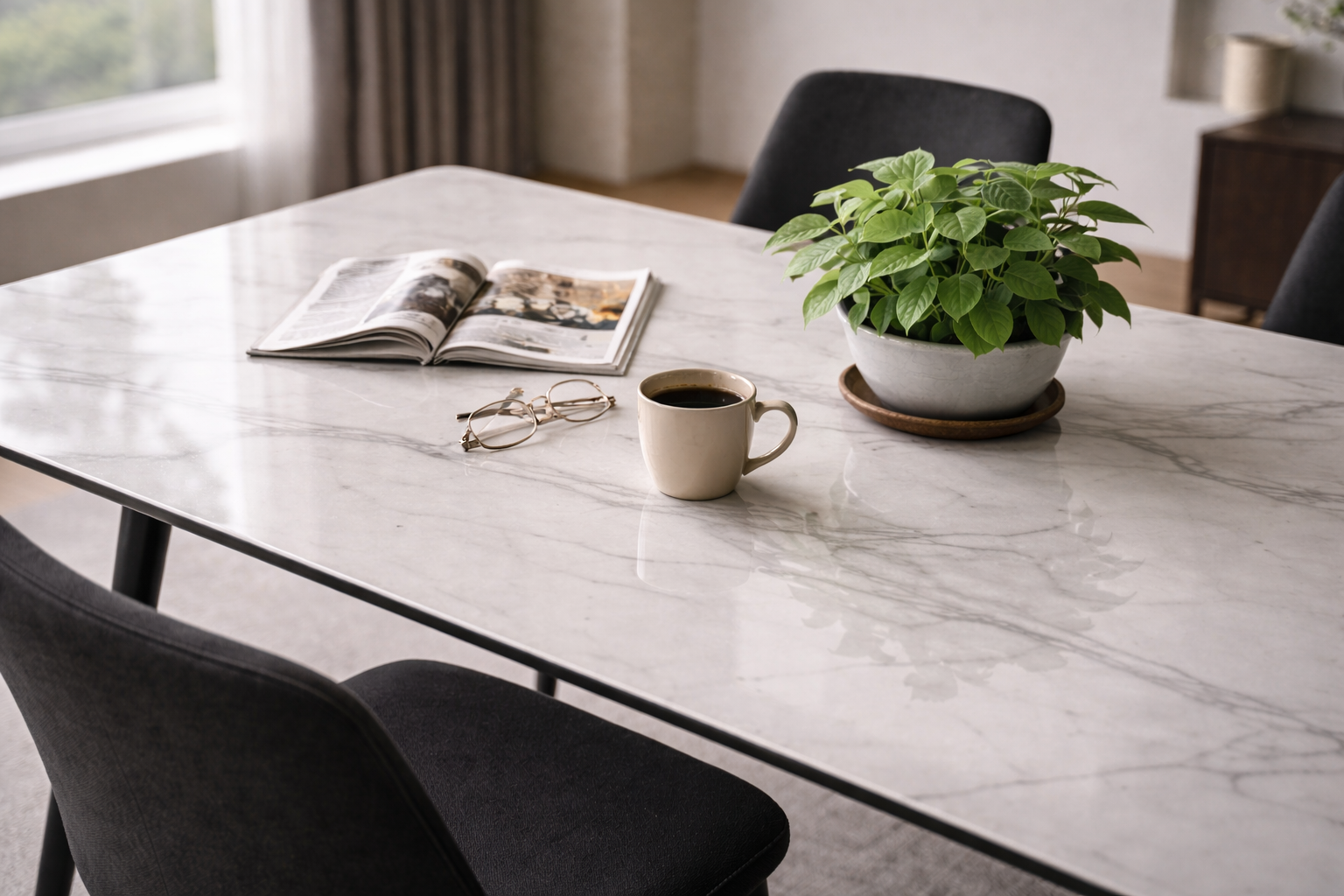White Sintered Stone Dining Table – Black Steel Legs