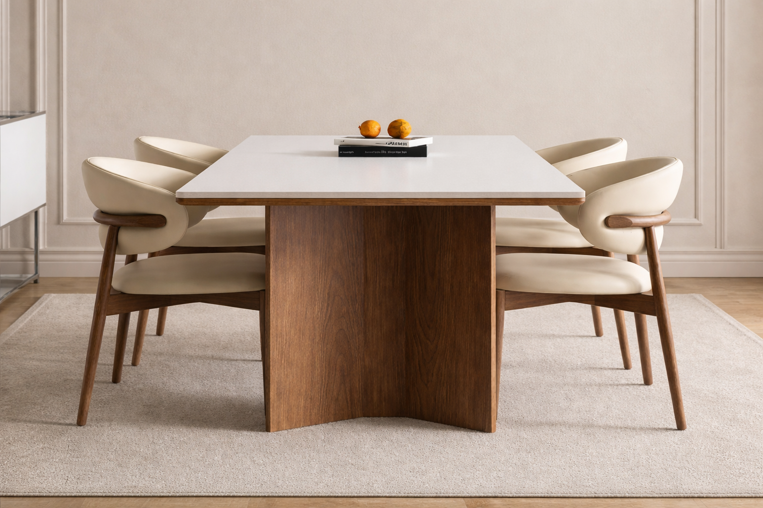 Matte White Sintered Stone Dining Table with Solid Walnut Wood Base