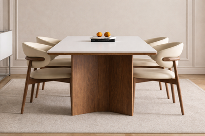 Matte White Sintered Stone Dining Table – Solid Walnut Wood Base