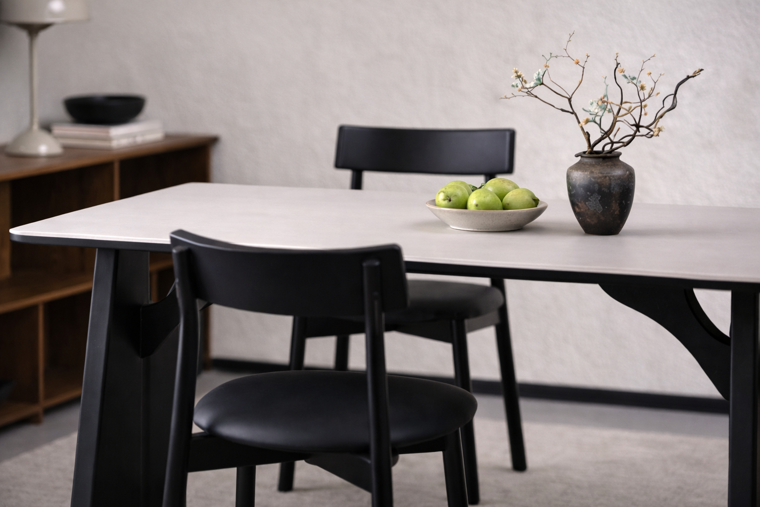 Matte White Sintered Stone Dining Table | Black Solid Wood Frame